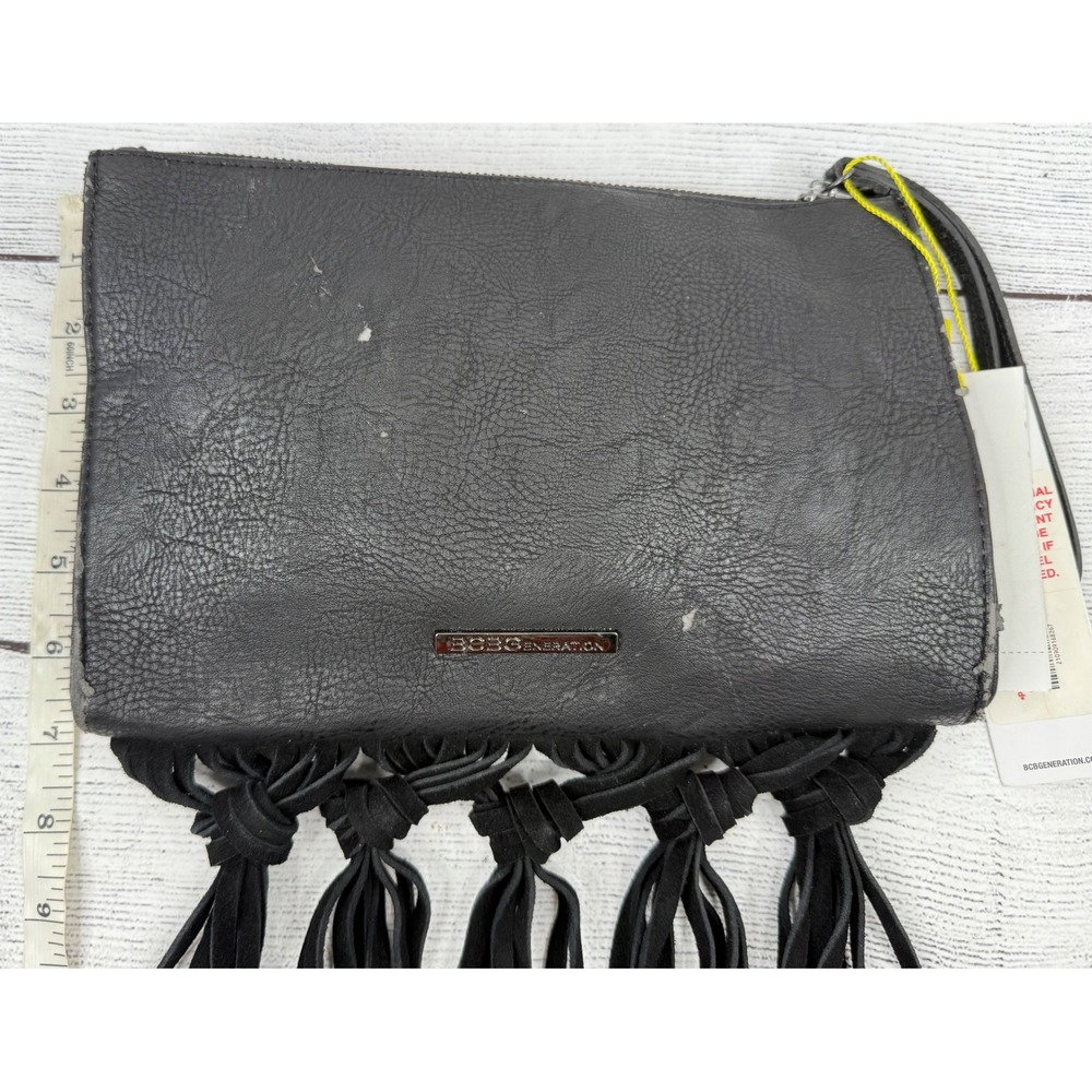 BCBGeneration Black Faux Leather Fringe Clutch Evening Bag - Picture 4 of 6